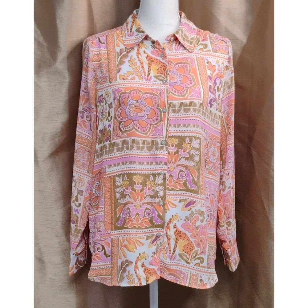 Rose + Olive Multicolor Boho/Cheetahs long sleeve button-up Airy blouse M